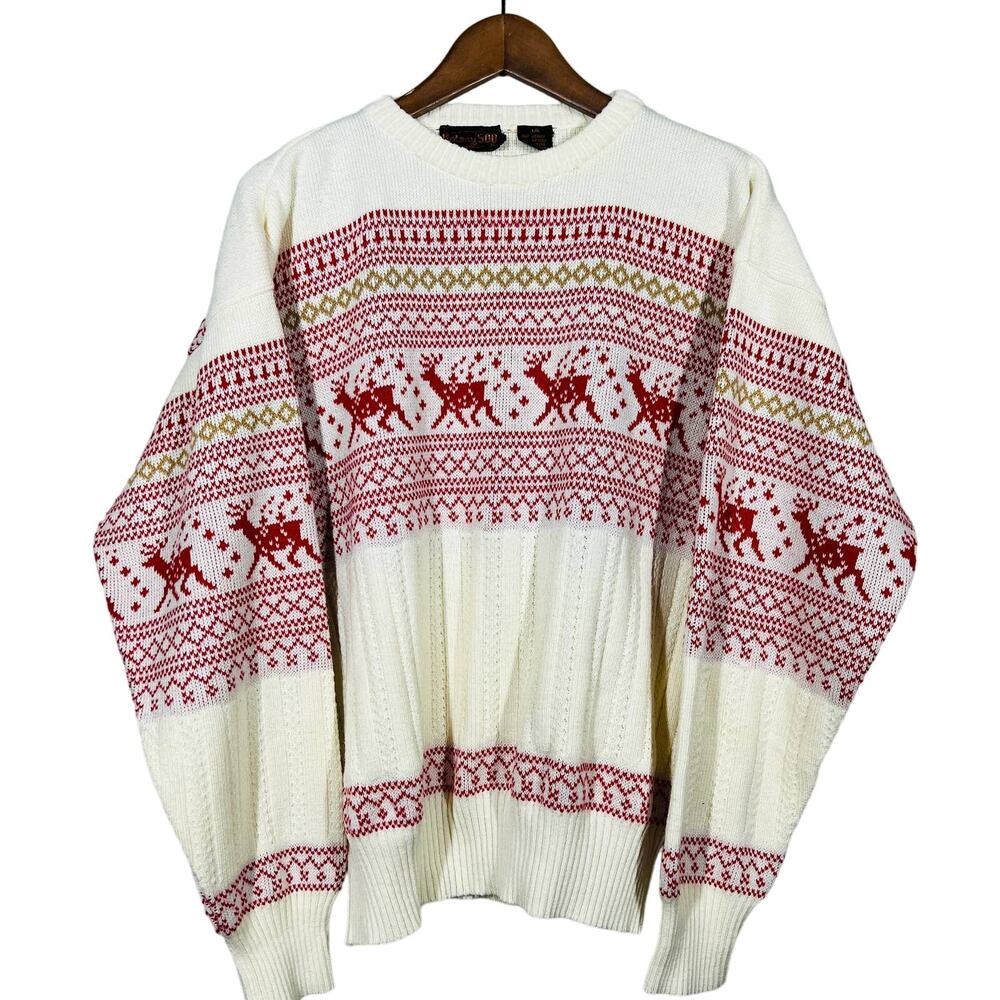 Vintage Christmas Sweater Botany 500 Knit Crewneck Reindeer Romania - L